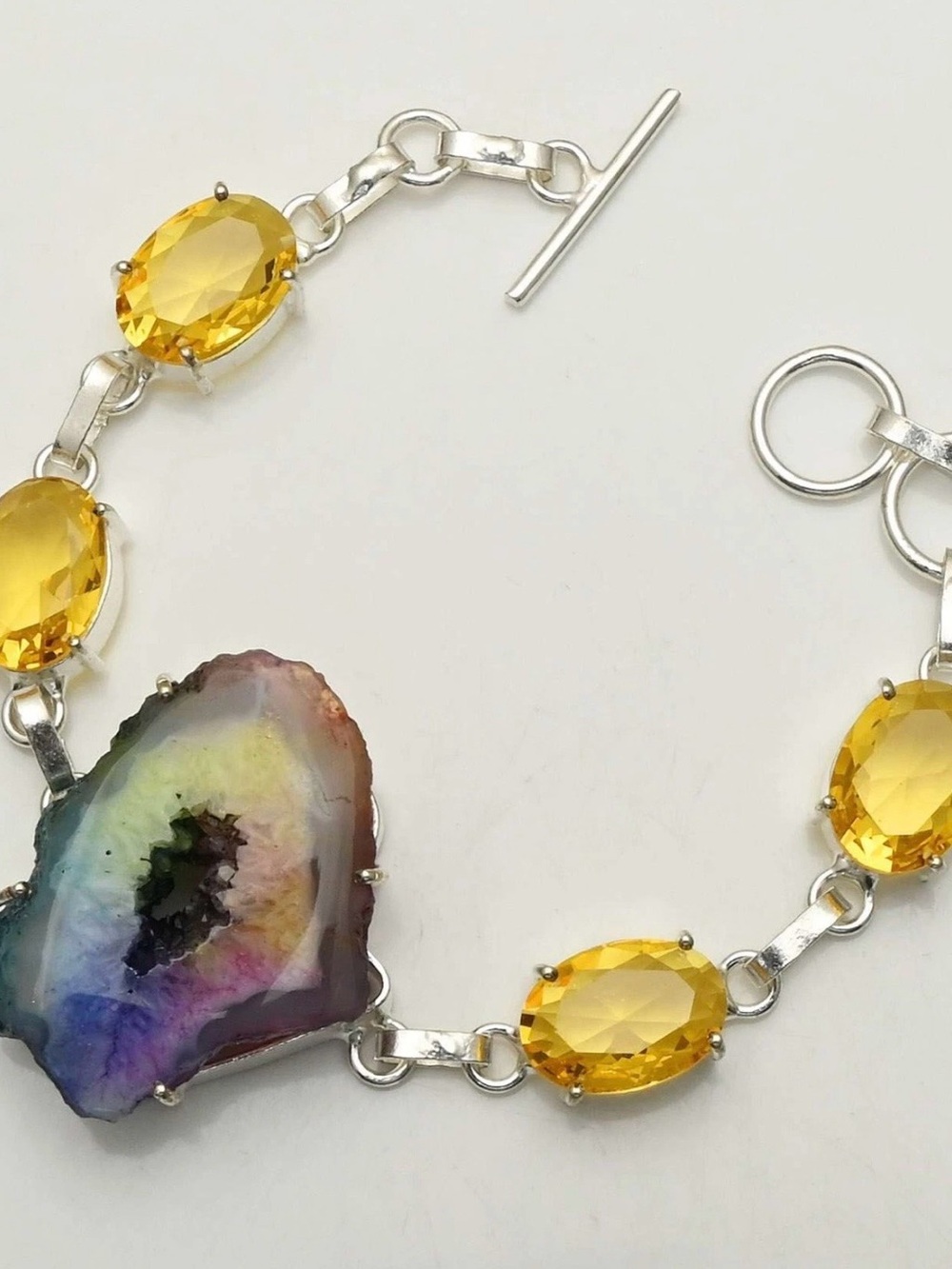 Artisan Bracelet with Yellow Crystal Stones and Rainbow Solar Quartz Geode